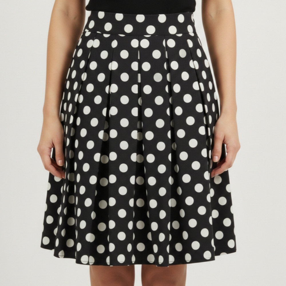 Cotton Polka Dot Pleated A-Line Skirt with Pockets - Black and White